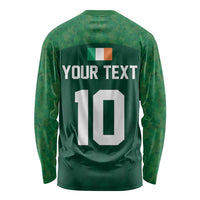 Green long-sleeve rugby shirt back with Irish flag, YOUR TEXT, and number 10