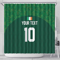 Green custom shower curtain with dark arch, “YOUR TEXT” and large number 10