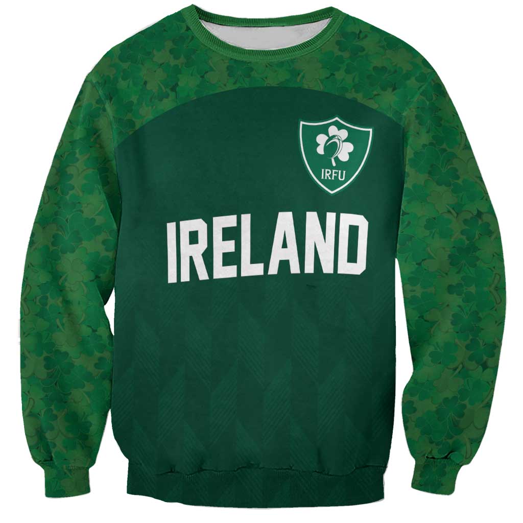 Green crewneck sweatshirt with shamrock pattern, IRFU badge and 'IRELAND' text graphic