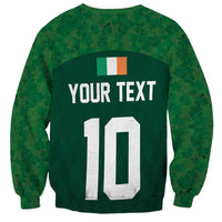 Green crewneck sweatshirt with shamrock pattern, Irish flag, 'YOUR TEXT' and number 10