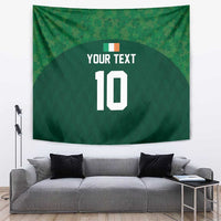 Green fabric tapestry with custom text and large number 10, rectangular wall hanging