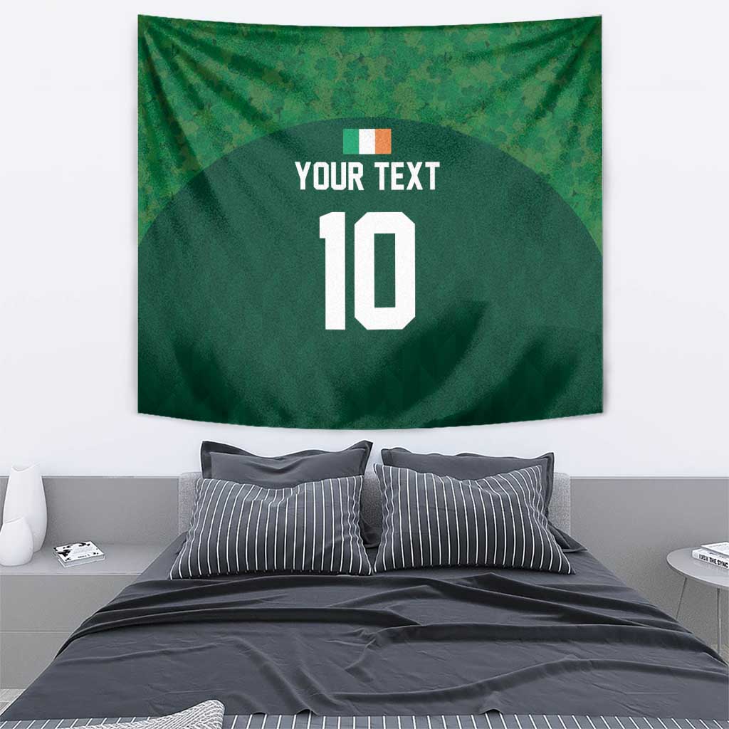 Green rectangular tapestry with custom text and large number 10, centered design