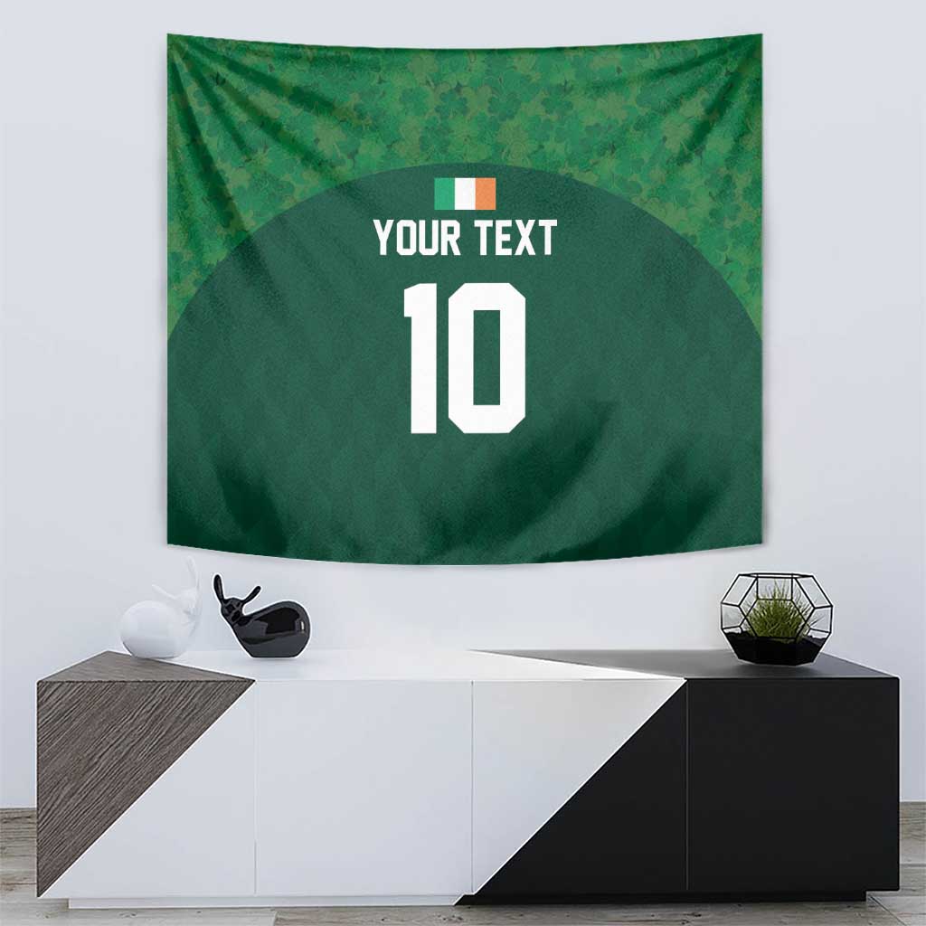 Green wall tapestry with custom text and large number 10 in a dark circular panel