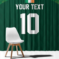 Green rugby-themed curtain close-up with 'YOUR TEXT' and large white number 10 graphic