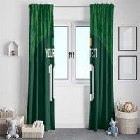 Green rugby-themed window curtain set with custom text and white number 10, window centered