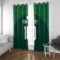Green window curtain pair with custom text and large white number 10, hung on a rod with rings