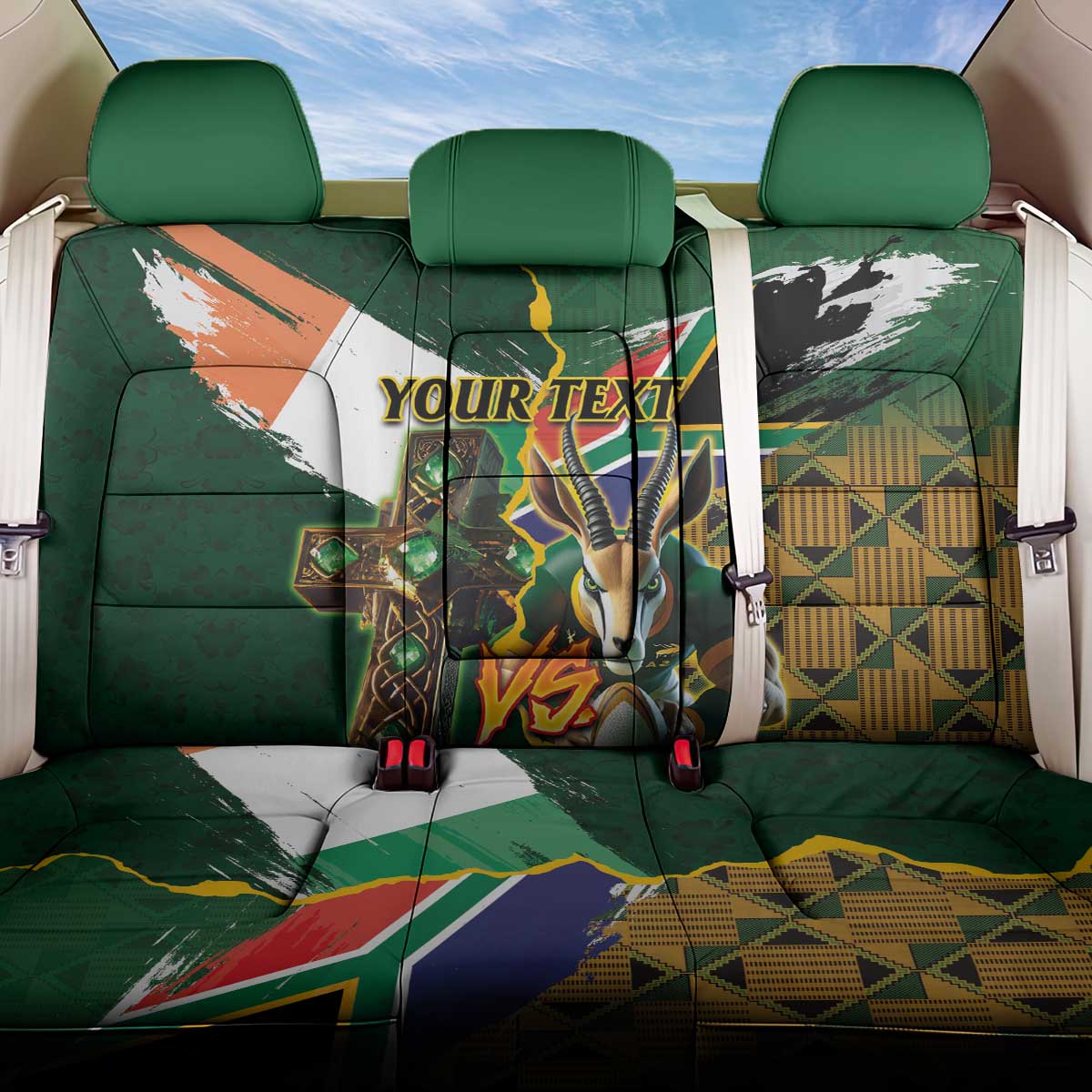 Personalized South Africa Versus Ireland Rugby Back Car Seat Cover The Springbok Mascot and Celtic Cross Together - Wonder Print Shop