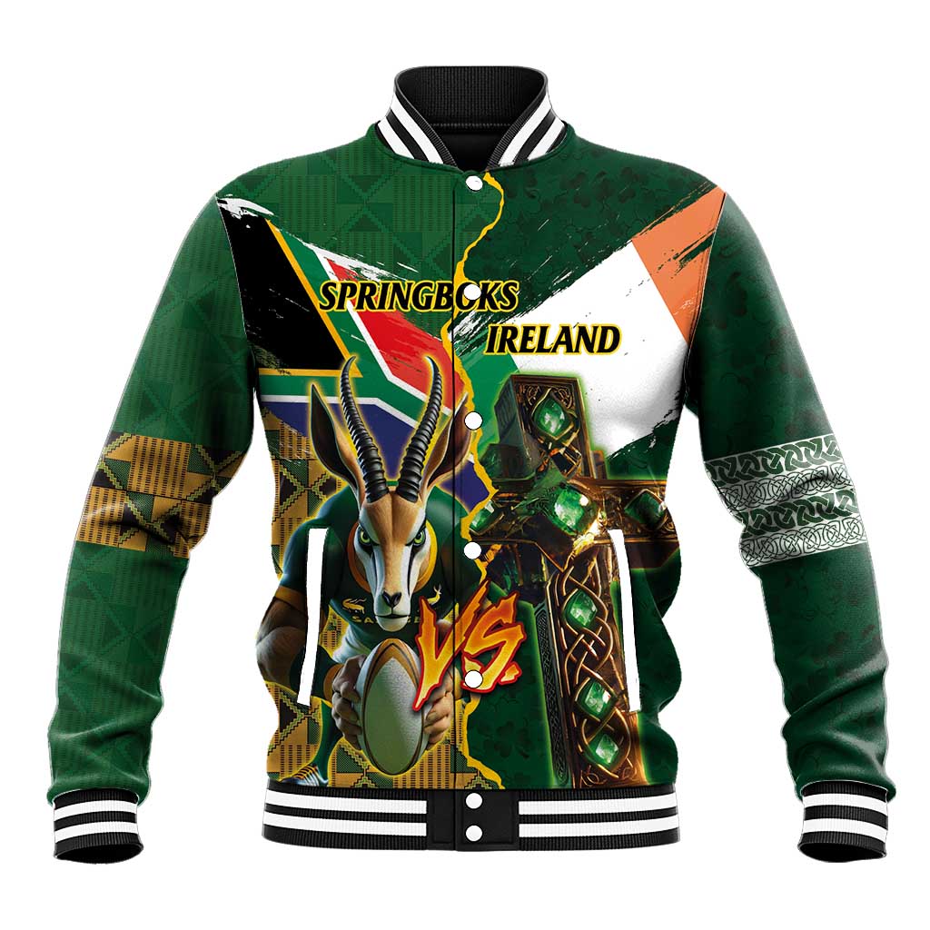 Green baseball jacket, button-front, ribbed cuffs, large front mascot graphic with cross accents