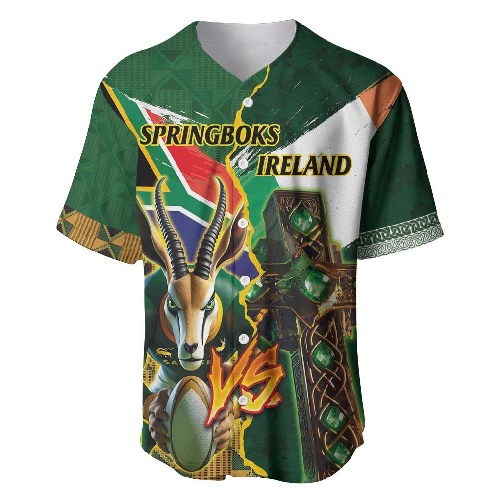 Personalized South Africa Versus Ireland Rugby Baseball Jersey The Springbok Mascot and Celtic Cross Together - Wonder Print Shop