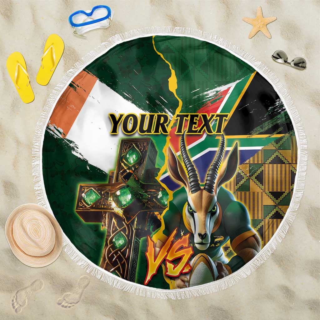 Personalized South Africa Versus Ireland Rugby Beach Blanket The Springbok Mascot and Celtic Cross Together - Wonder Print Shop