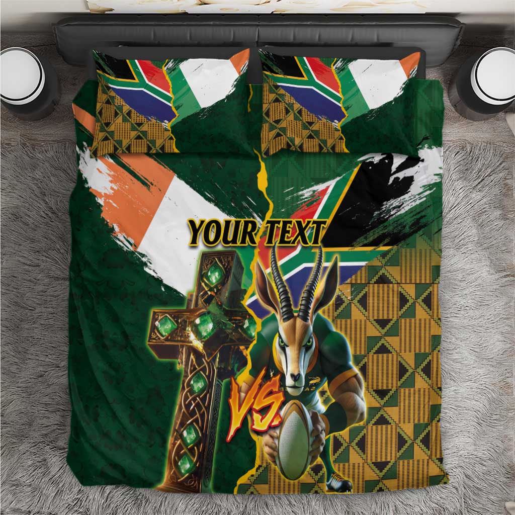 Personalized green duvet cover with rugby mascot, Celtic cross, and 'YOUR TEXT' design