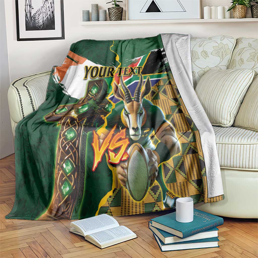 Green rugby blanket on bed with 'YOUR TEXT' and Springbok VS artwork panels