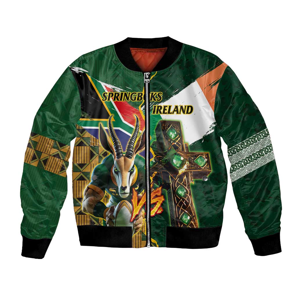 Green bomber jacket with zip front, mascot graphic with 'SPRINGBOKS' and 'IRELAND'
