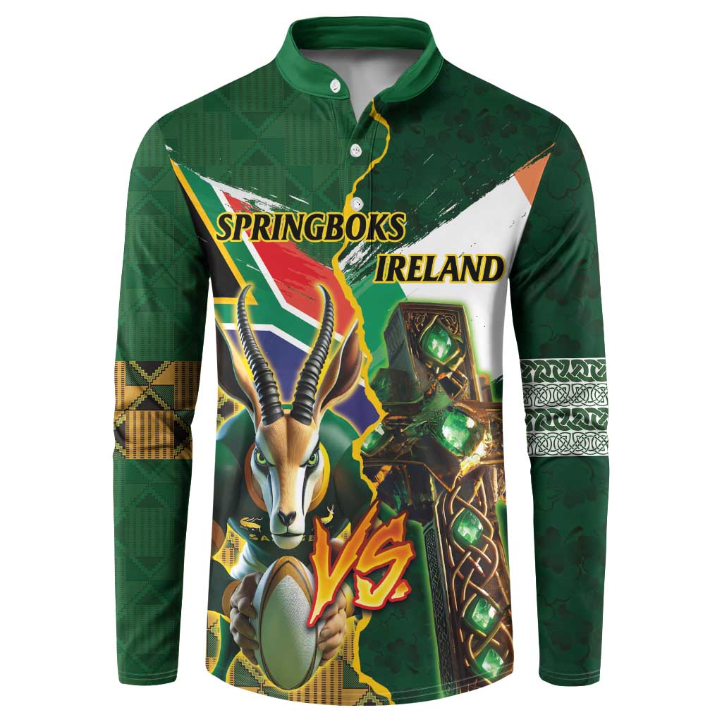 Green rugby button sweatshirt, Springboks and Ireland text with horned mascot front