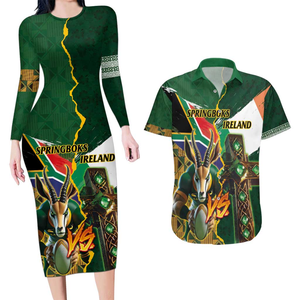 Personalized South Africa Versus Ireland Rugby Couples Matching Long Sleeve Bodycon Dress and Hawaiian Shirt The Springbok Mascot and Celtic Cross Together - Wonder Print Shop