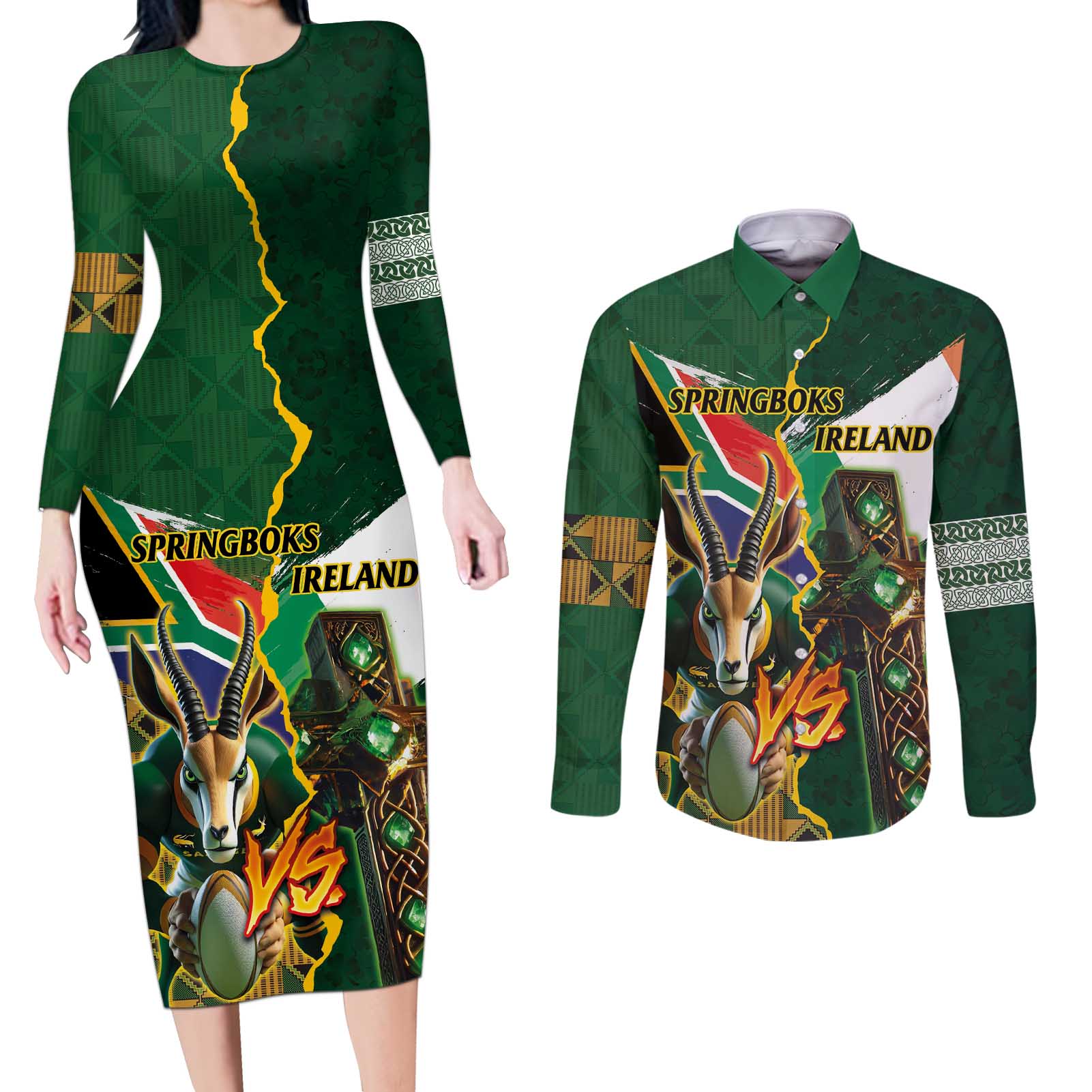 Personalized South Africa Versus Ireland Rugby Couples Matching Long Sleeve Bodycon Dress and Long Sleeve Button Shirt The Springbok Mascot and Celtic Cross Together - Wonder Print Shop