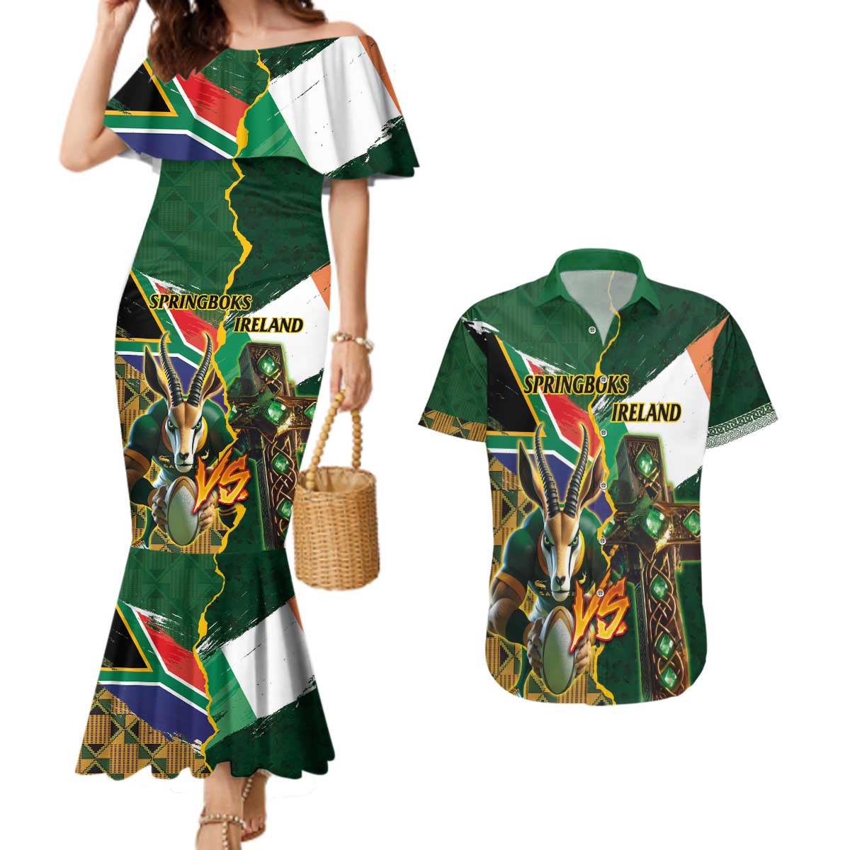 Personalized South Africa Versus Ireland Rugby Couples Matching Mermaid Dress and Hawaiian Shirt The Springbok Mascot and Celtic Cross Together - Wonder Print Shop