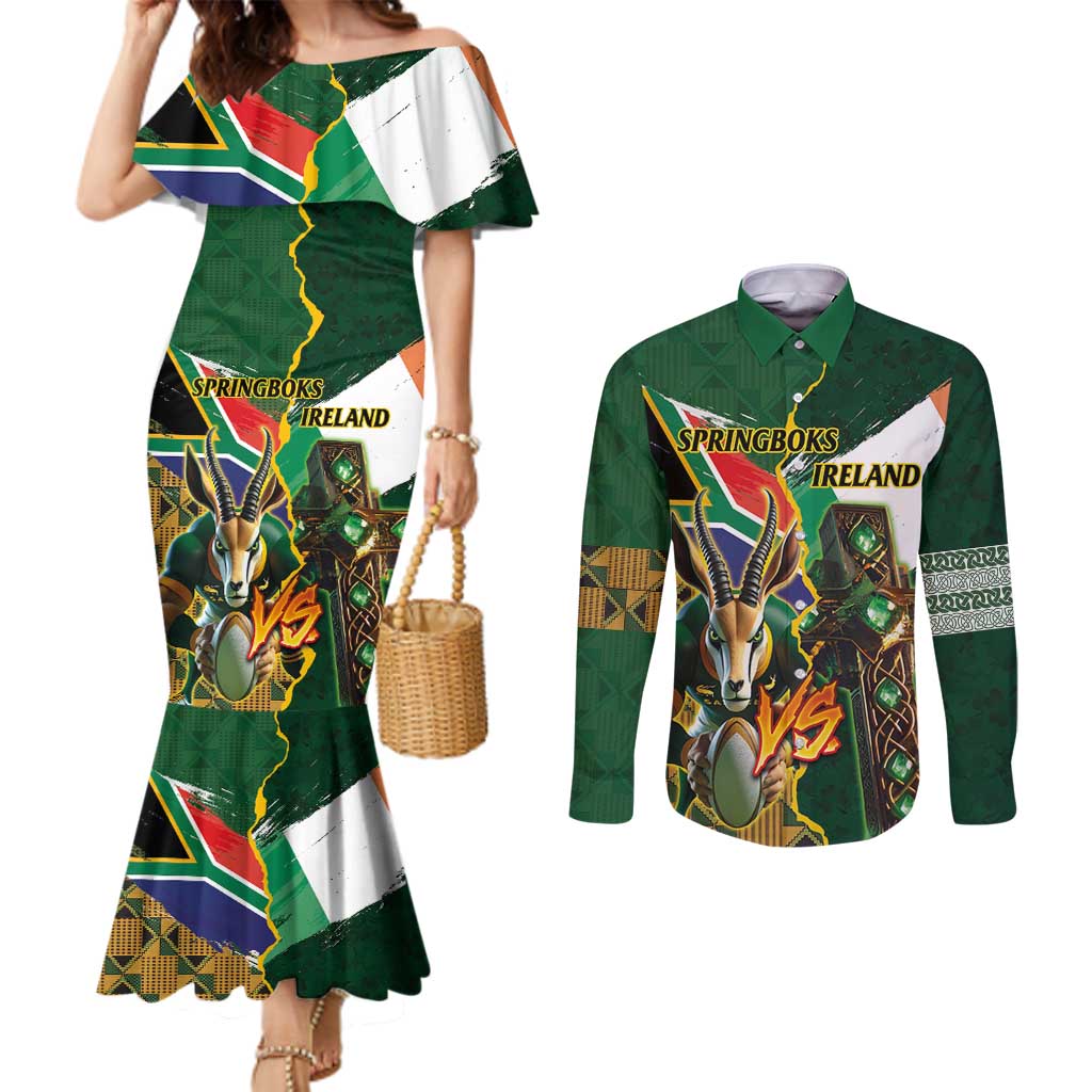 Personalized South Africa Versus Ireland Rugby Couples Matching Mermaid Dress and Long Sleeve Button Shirt The Springbok Mascot and Celtic Cross Together