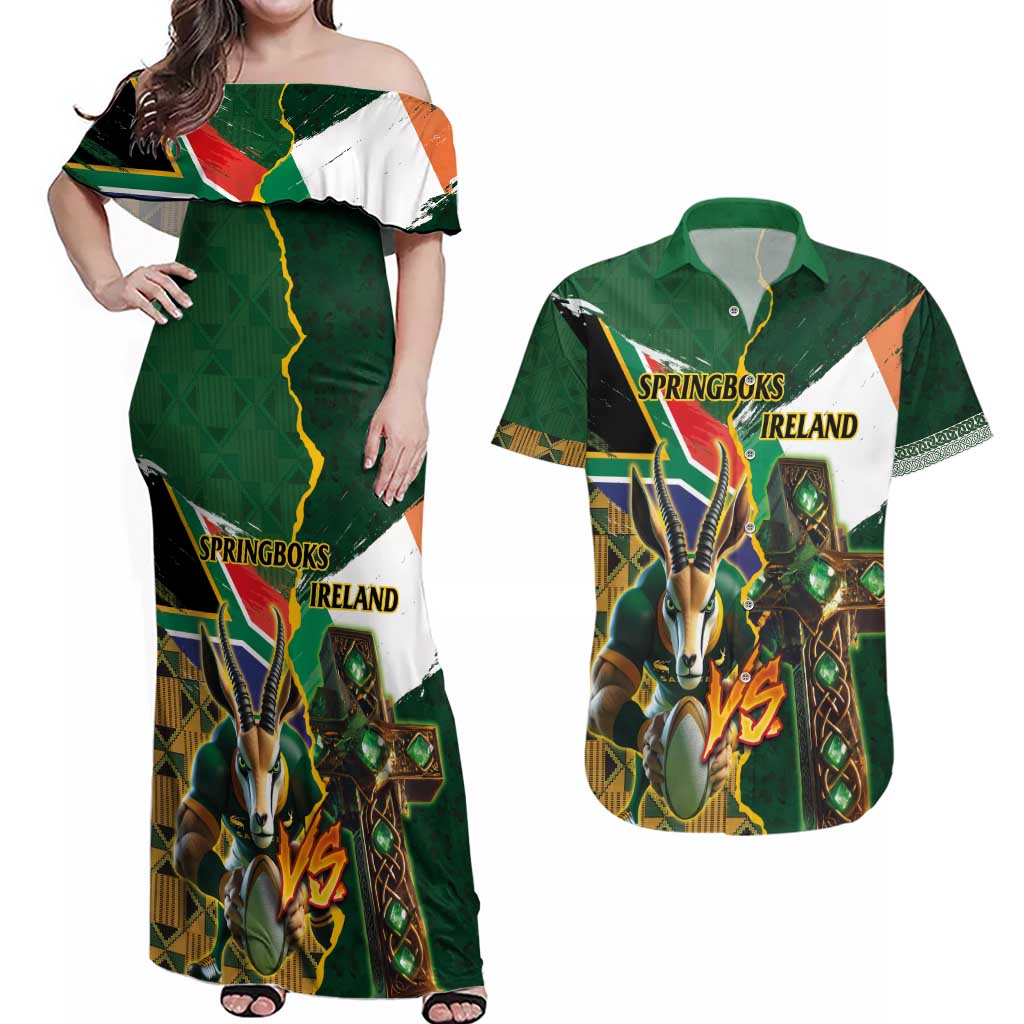 Personalized South Africa Versus Ireland Rugby Couples Matching Off Shoulder Maxi Dress and Hawaiian Shirt The Springbok Mascot and Celtic Cross Together - Wonder Print Shop