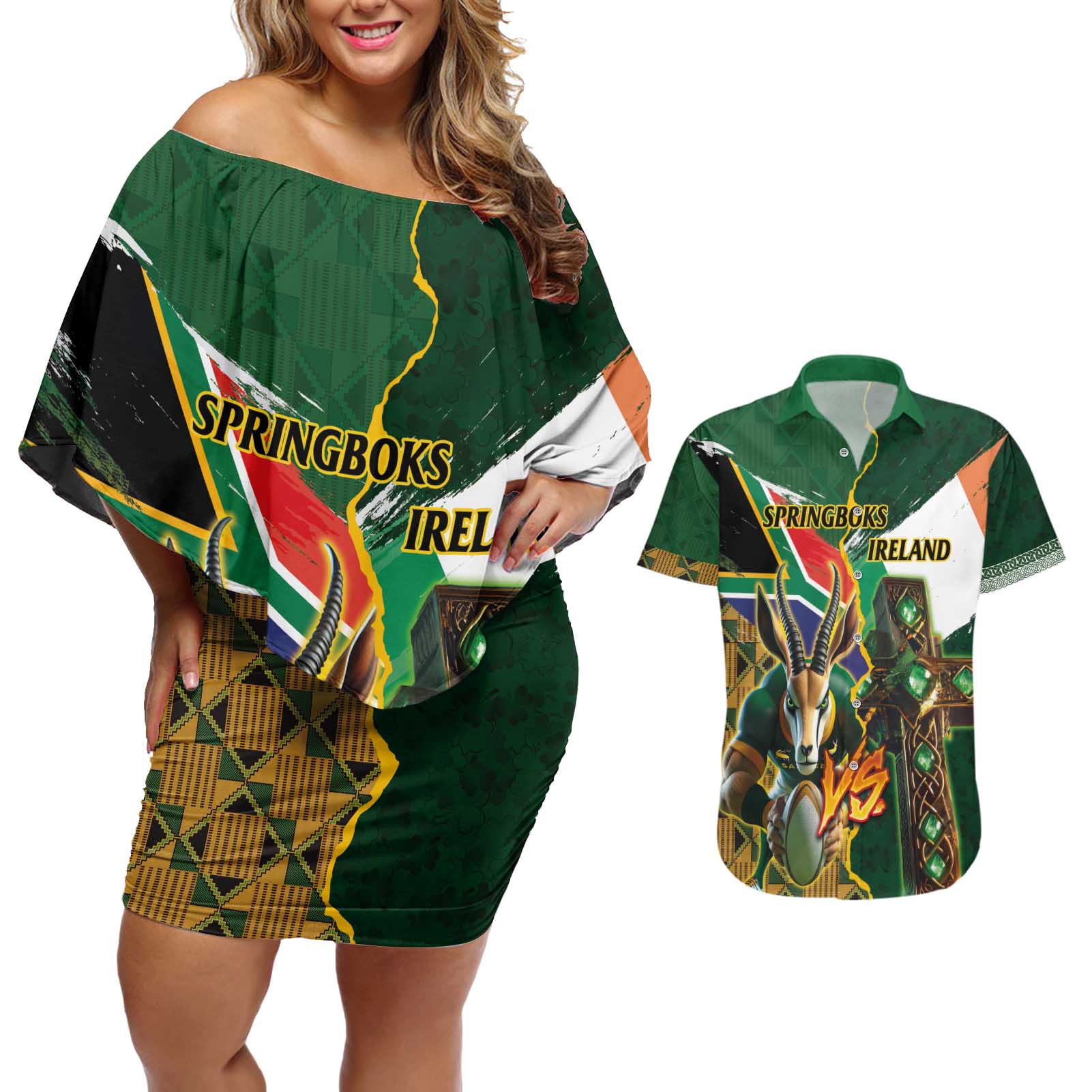 Personalized South Africa Versus Ireland Rugby Couples Matching Off Shoulder Short Dress and Hawaiian Shirt The Springbok Mascot and Celtic Cross Together - Wonder Print Shop