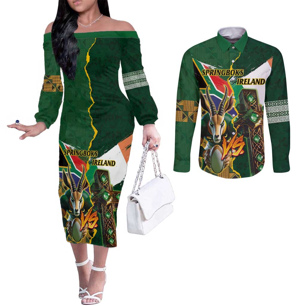 Personalized South Africa Versus Ireland Rugby Couples Matching Off The Shoulder Long Sleeve Dress and Long Sleeve Button Shirt The Springbok Mascot and Celtic Cross Together