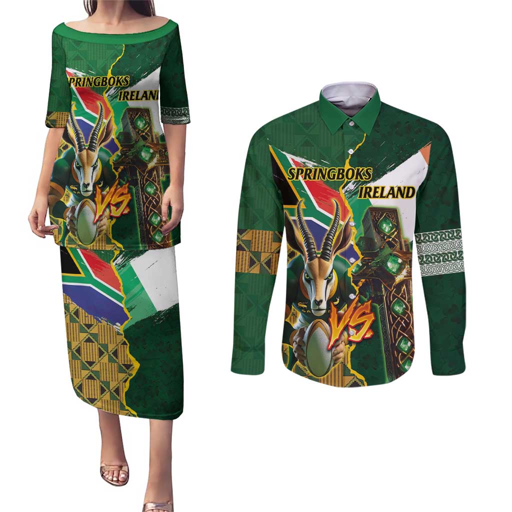 Personalized South Africa Versus Ireland Rugby Couples Matching Puletasi and Long Sleeve Button Shirt The Springbok Mascot and Celtic Cross Together - Wonder Print Shop