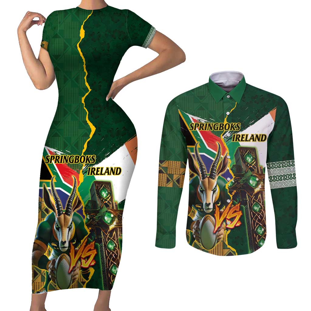 Personalized South Africa Versus Ireland Rugby Couples Matching Short Sleeve Bodycon Dress and Long Sleeve Button Shirt The Springbok Mascot and Celtic Cross Together - Wonder Print Shop