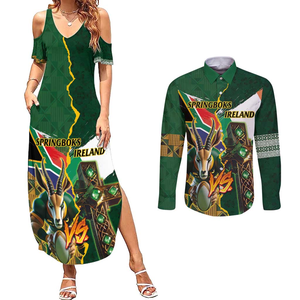 Personalized South Africa Versus Ireland Rugby Couples Matching Summer Maxi Dress and Long Sleeve Button Shirt The Springbok Mascot and Celtic Cross Together - Wonder Print Shop