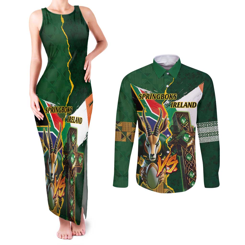 Personalized South Africa Versus Ireland Rugby Couples Matching Tank Maxi Dress and Long Sleeve Button Shirt The Springbok Mascot and Celtic Cross Together - Wonder Print Shop