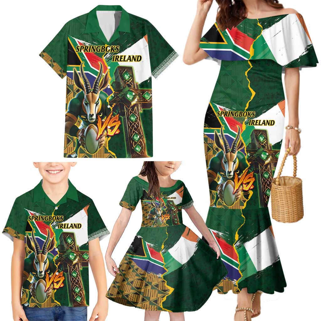 Personalized South Africa Versus Ireland Rugby Family Matching Mermaid Dress and Hawaiian Shirt The Springbok Mascot and Celtic Cross Together - Wonder Print Shop