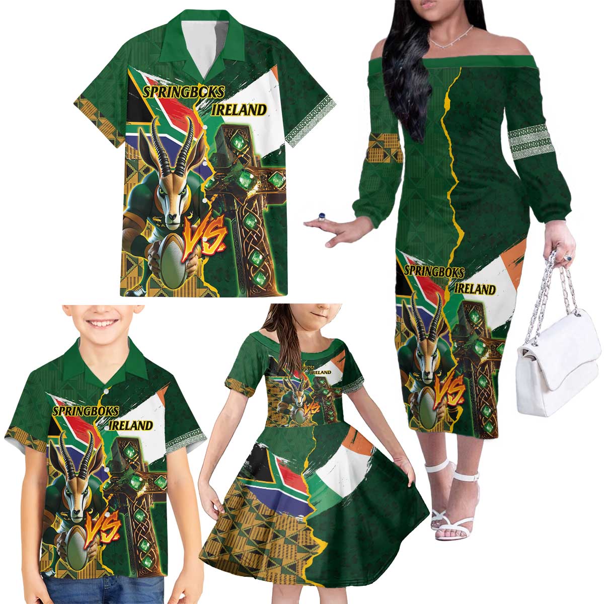 Personalized South Africa Versus Ireland Rugby Family Matching Off The Shoulder Long Sleeve Dress and Hawaiian Shirt The Springbok Mascot and Celtic Cross Together - Wonder Print Shop