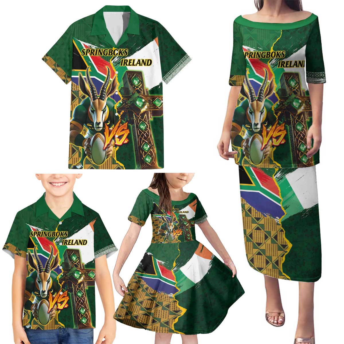 Personalized South Africa Versus Ireland Rugby Family Matching Puletasi and Hawaiian Shirt The Springbok Mascot and Celtic Cross Together - Wonder Print Shop