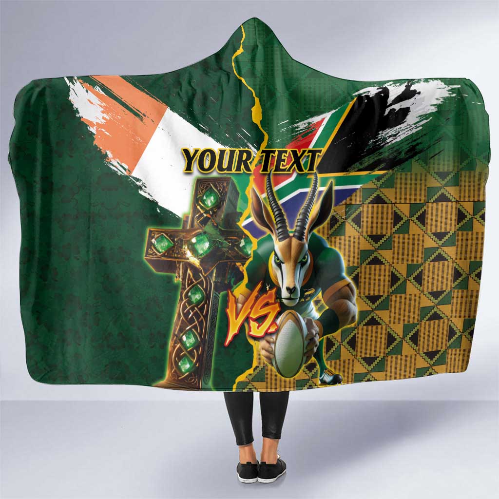 Personalized South Africa Versus Ireland Rugby Hooded Blanket The Springbok Mascot and Celtic Cross Together