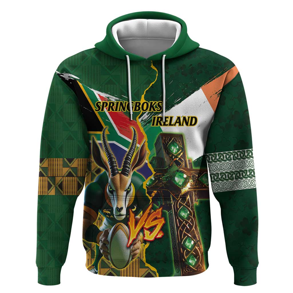 Personalized South Africa Versus Ireland Rugby Hoodie The Springbok Mascot and Celtic Cross Together - Wonder Print Shop