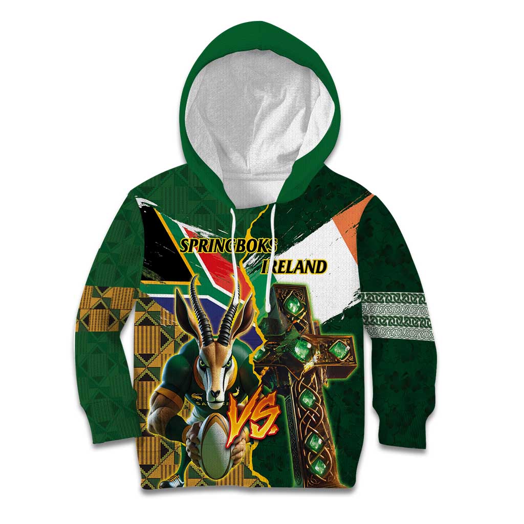 Personalized South Africa Versus Ireland Rugby Kid Hoodie The Springbok Mascot and Celtic Cross Together - Wonder Print Shop