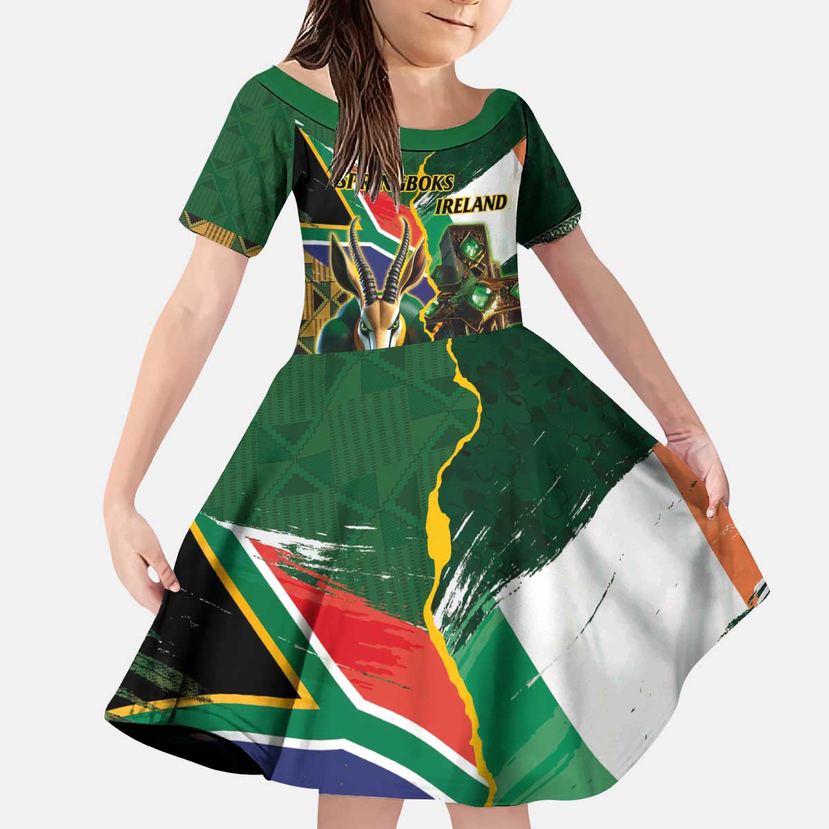 Personalized South Africa Versus Ireland Rugby Kid Short Sleeve Dress The Springbok Mascot and Celtic Cross Together - Wonder Print Shop