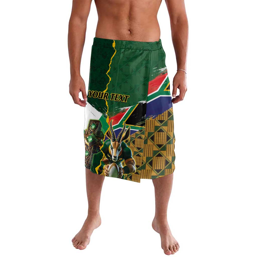 Green rugby-style shorts with elastic waistband, 'YOUR TEXT' panel, and flag/cross graphic