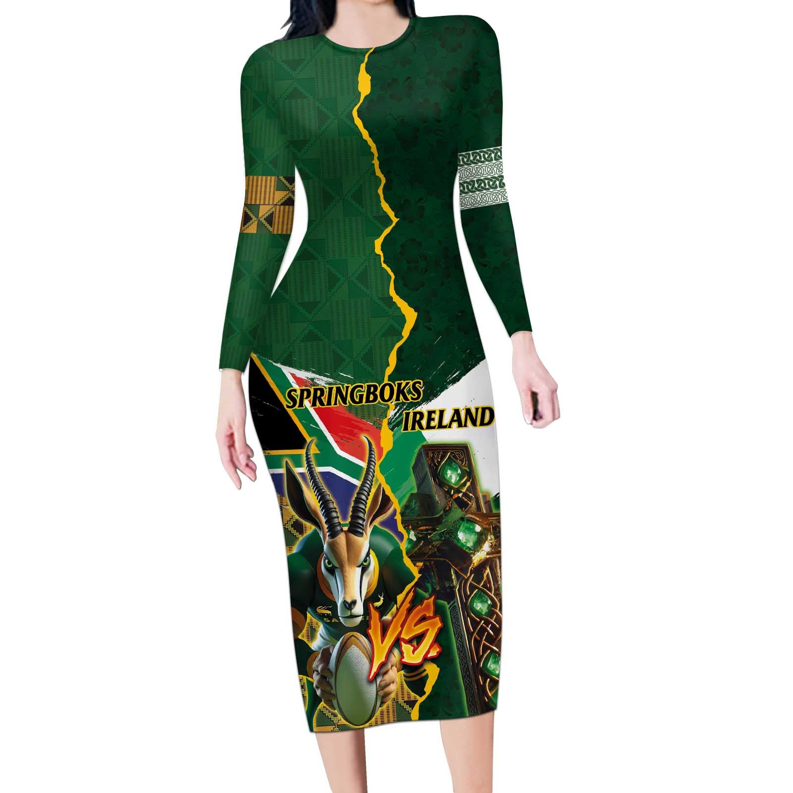 Personalized South Africa Versus Ireland Rugby Long Sleeve Bodycon Dress The Springbok Mascot and Celtic Cross Together - Wonder Print Shop