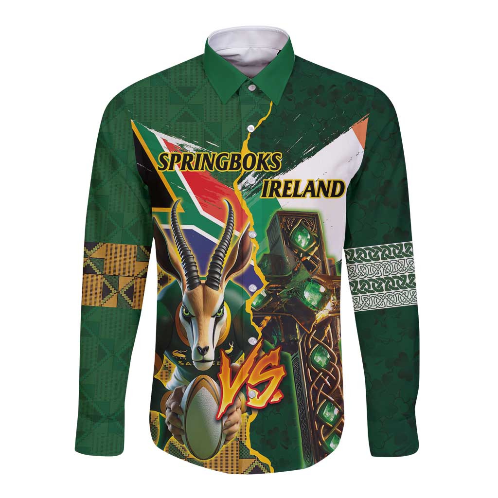 Green long-sleeve button rugby shirt, front graphic with Springboks vs Ireland emblems