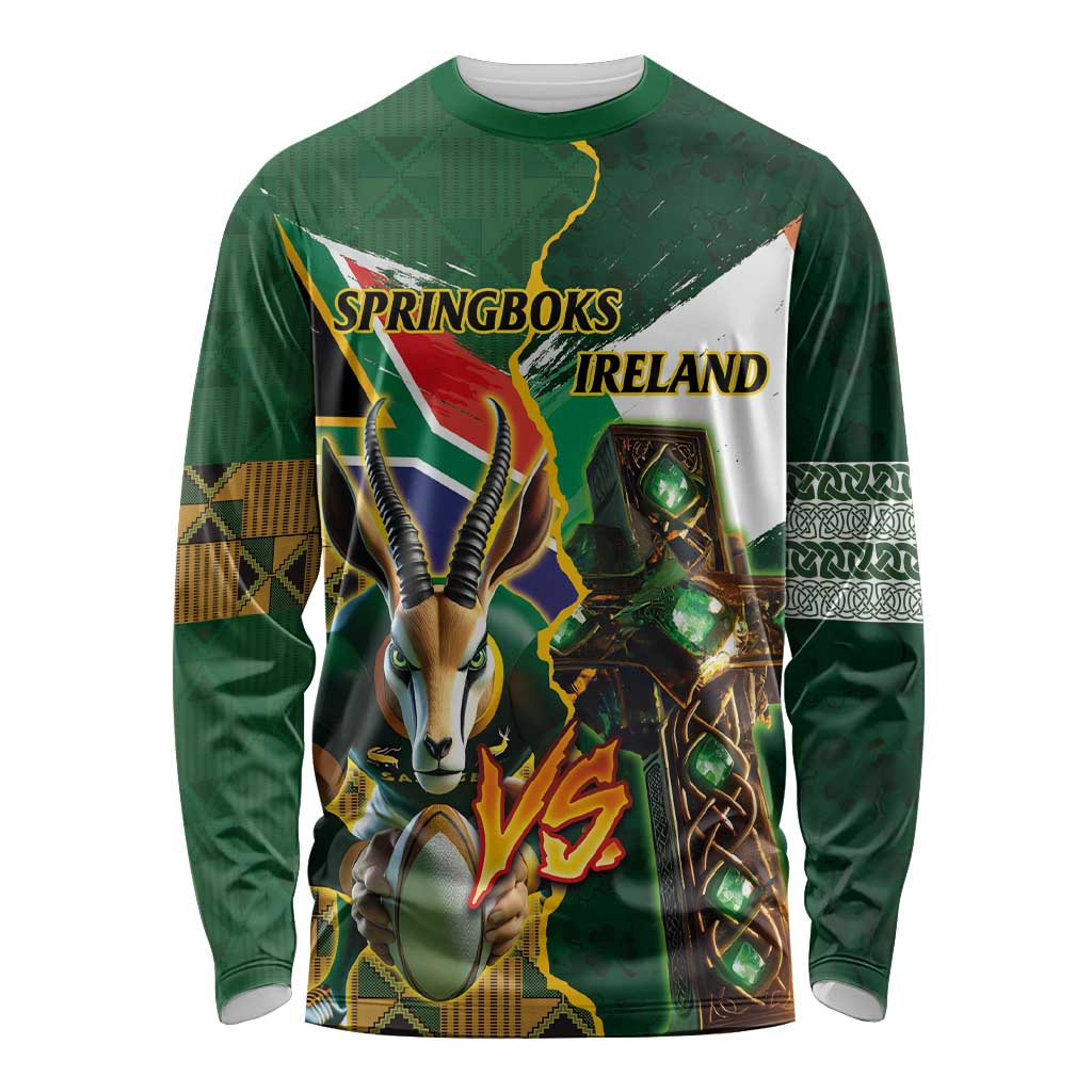 Personalized South Africa Versus Ireland Rugby Long Sleeve Shirt The Springbok Mascot and Celtic Cross Together - Wonder Print Shop