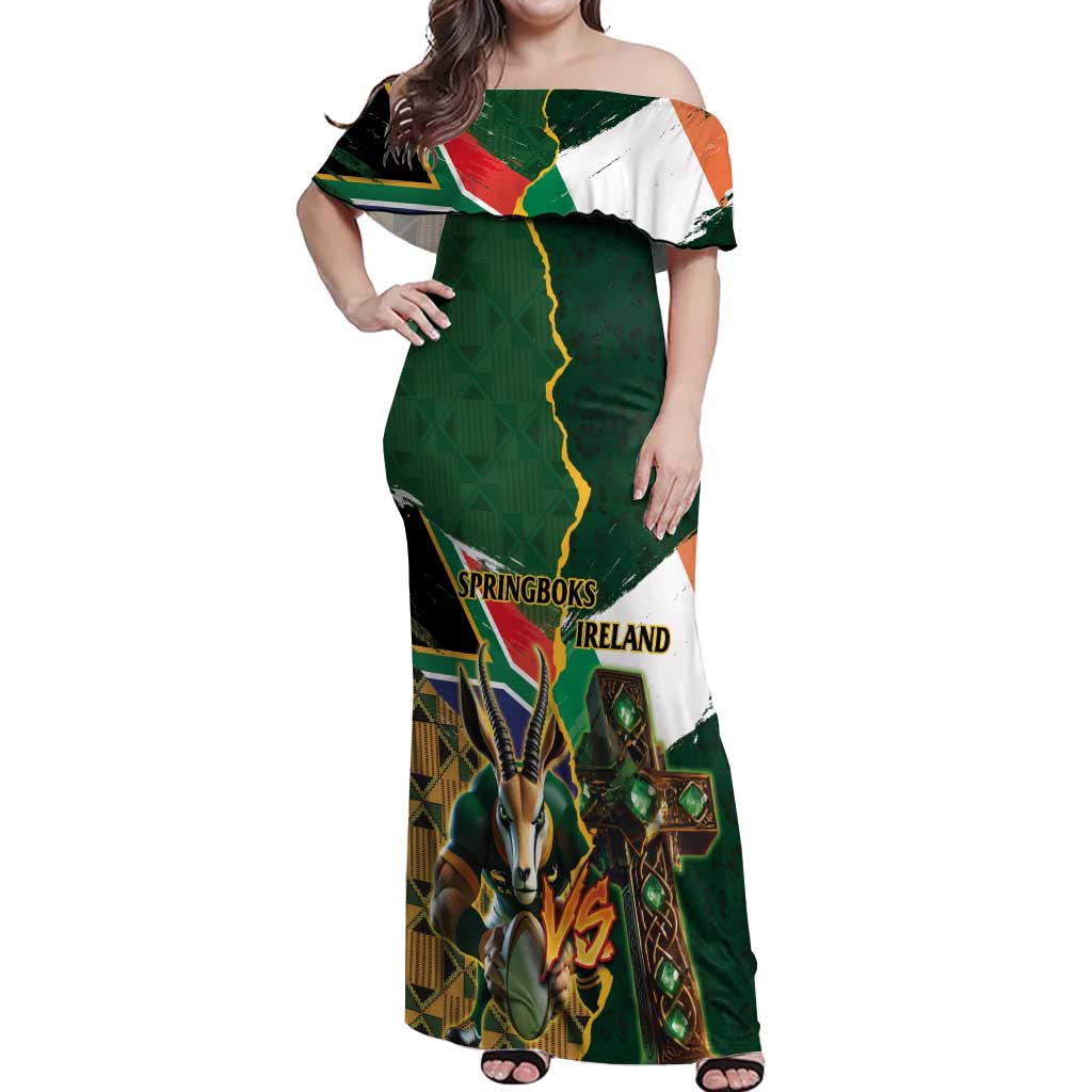 Personalized South Africa Versus Ireland Rugby Off Shoulder Maxi Dress The Springbok Mascot and Celtic Cross Together - Wonder Print Shop