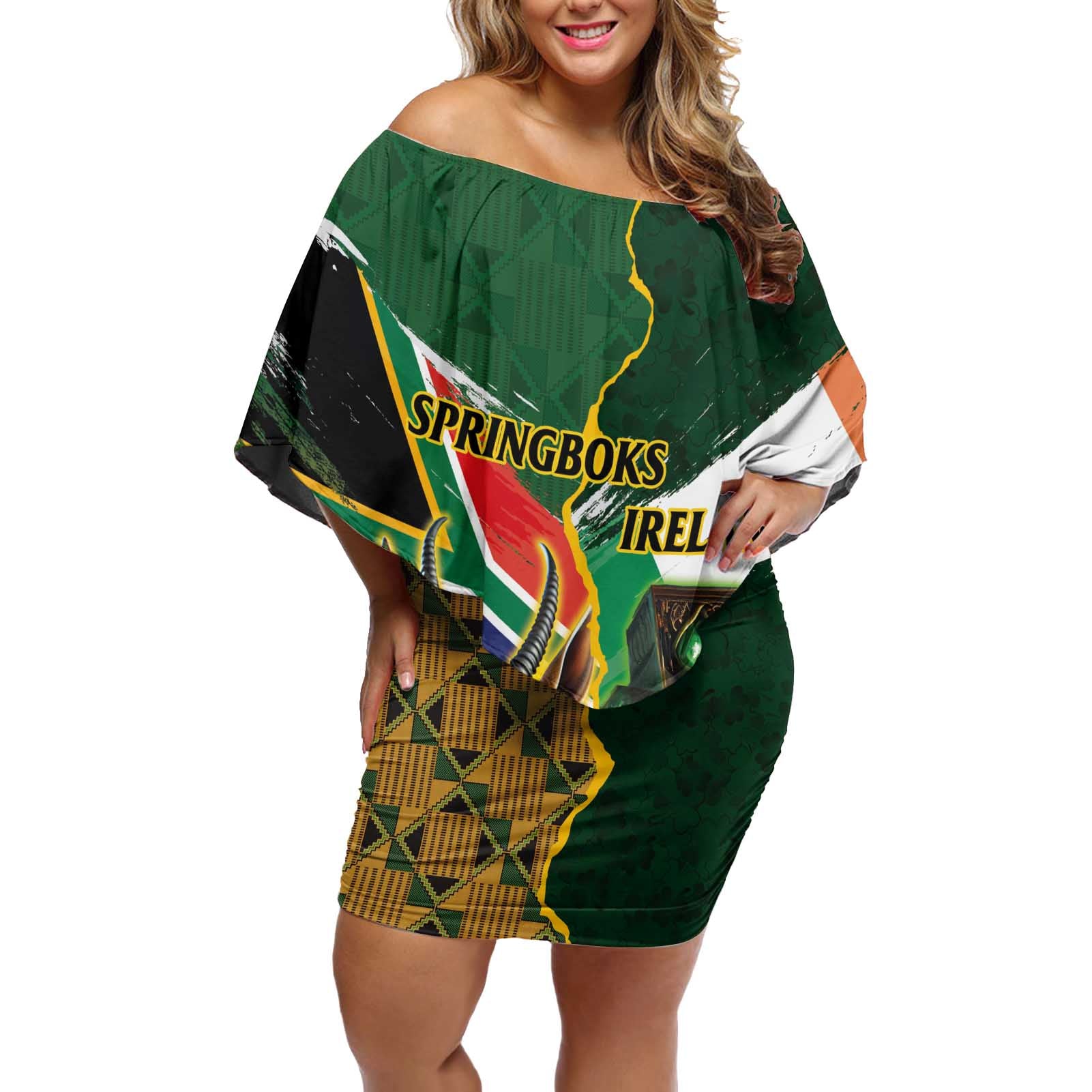 Personalized South Africa Versus Ireland Rugby Off Shoulder Short Dress The Springbok Mascot and Celtic Cross Together - Wonder Print Shop