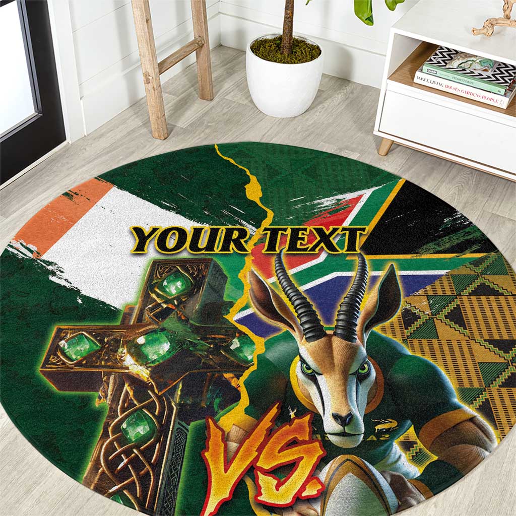 Personalized South Africa Versus Ireland Rugby Round Carpet The Springbok Mascot and Celtic Cross Together