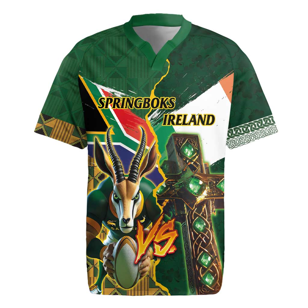 Personalized South Africa Versus Ireland Rugby Rugby Jersey The Springbok Mascot and Celtic Cross Together