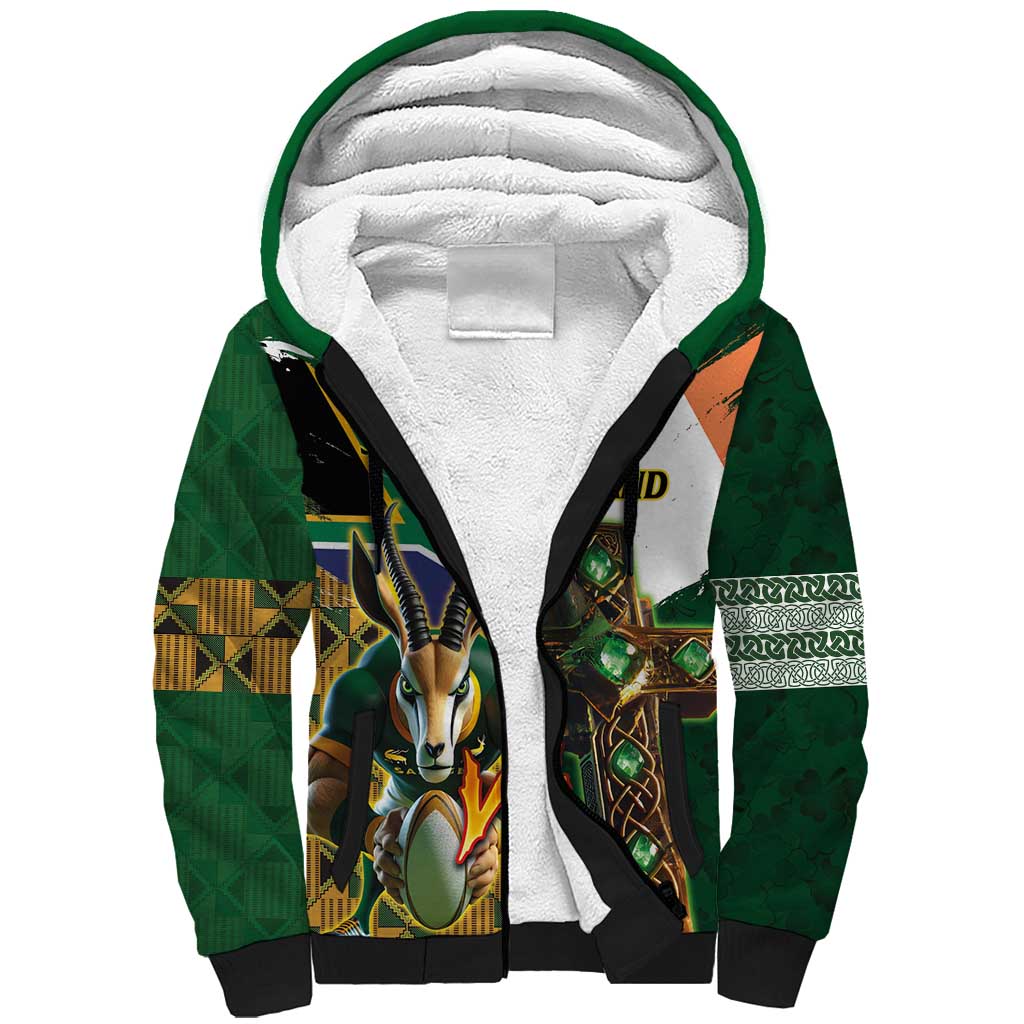 Personalized South Africa Versus Ireland Rugby Sherpa Hoodie The Springbok Mascot and Celtic Cross Together