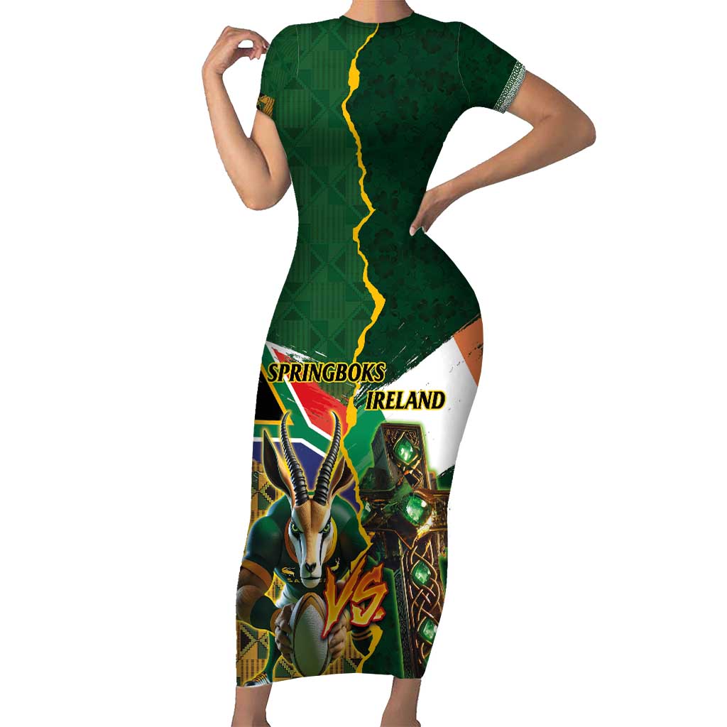 Personalized South Africa Versus Ireland Rugby Short Sleeve Bodycon Dress The Springbok Mascot and Celtic Cross Together - Wonder Print Shop