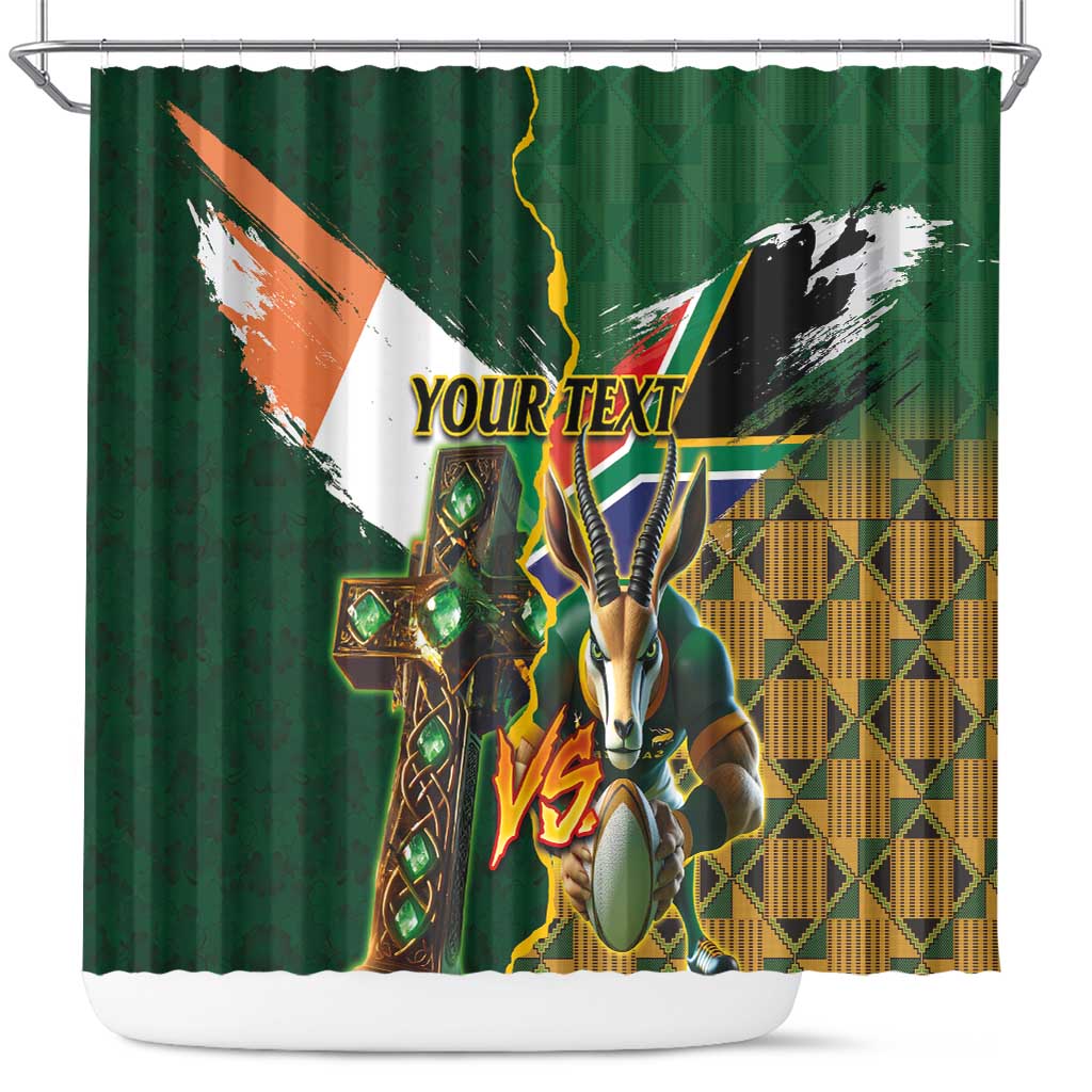 Personalized South Africa Versus Ireland Rugby Shower Curtain The Springbok Mascot and Celtic Cross Together