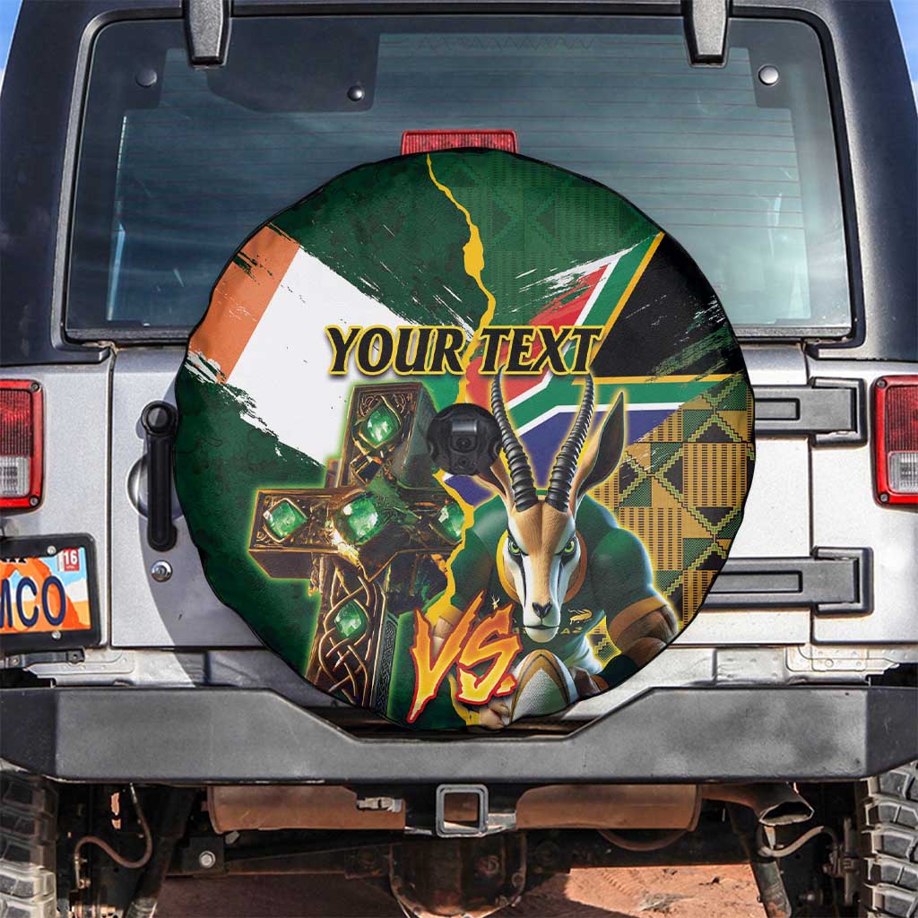 Personalized South Africa Versus Ireland Rugby Spare Tire Cover The Springbok Mascot and Celtic Cross Together