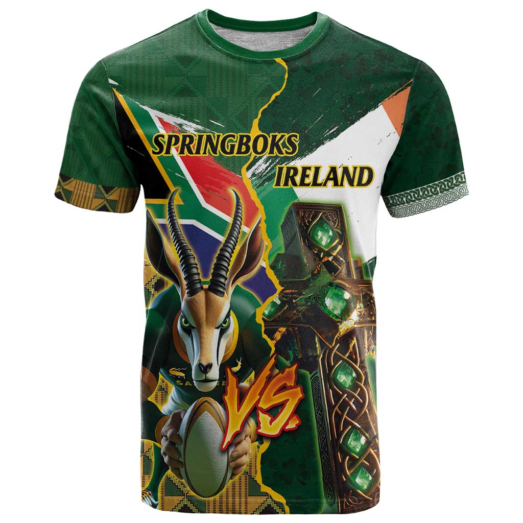 Personalized South Africa Versus Ireland Rugby T Shirt The Springbok Mascot and Celtic Cross Together