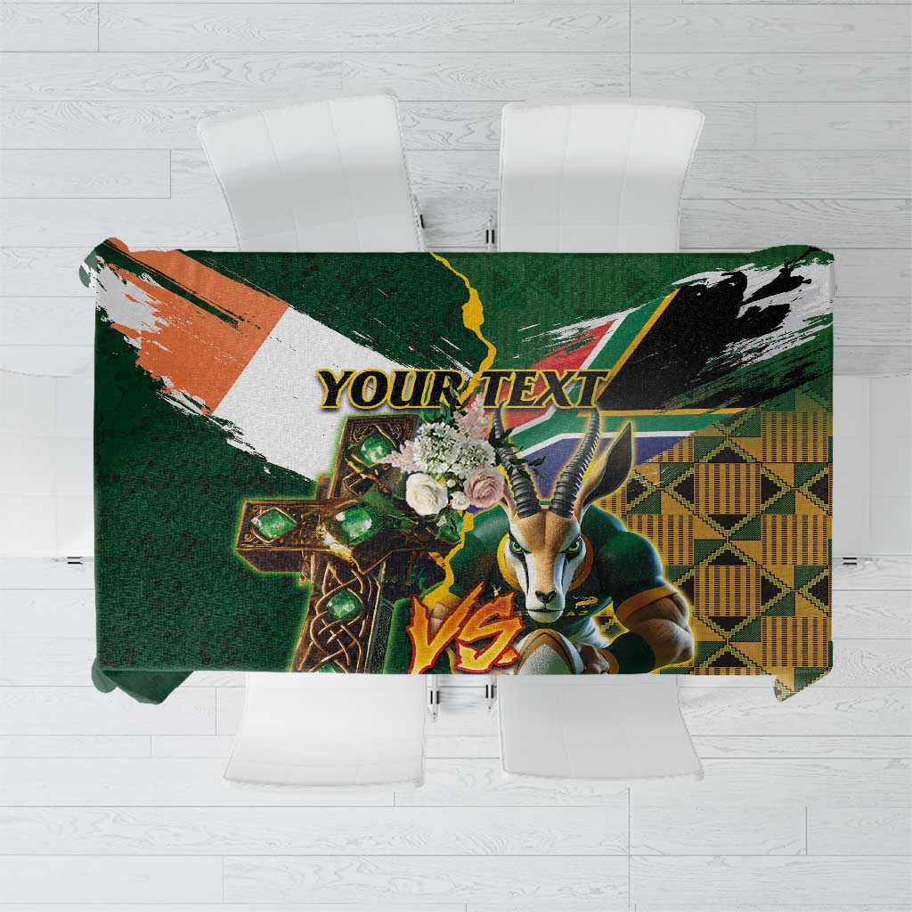 Personalized South Africa Versus Ireland Rugby Tablecloth The Springbok Mascot and Celtic Cross Together